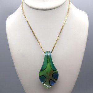 Dichroic Art Glass Teardrop Pendant on Gold Tone Chain Necklace